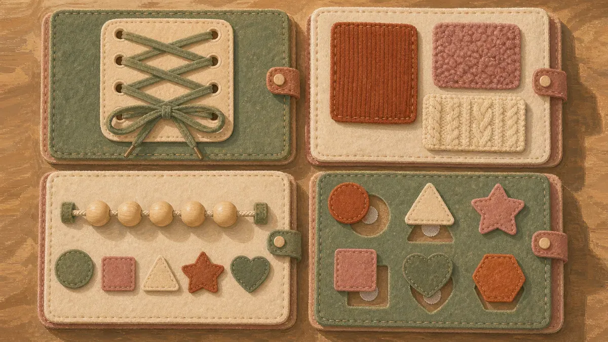 Grid of finished quiet book activity pages including lacing and counting beads