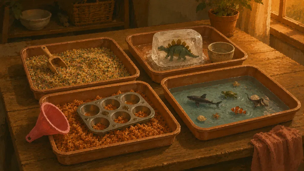 Grid of four themed toddler sensory bins including rice, water beads, and pasta