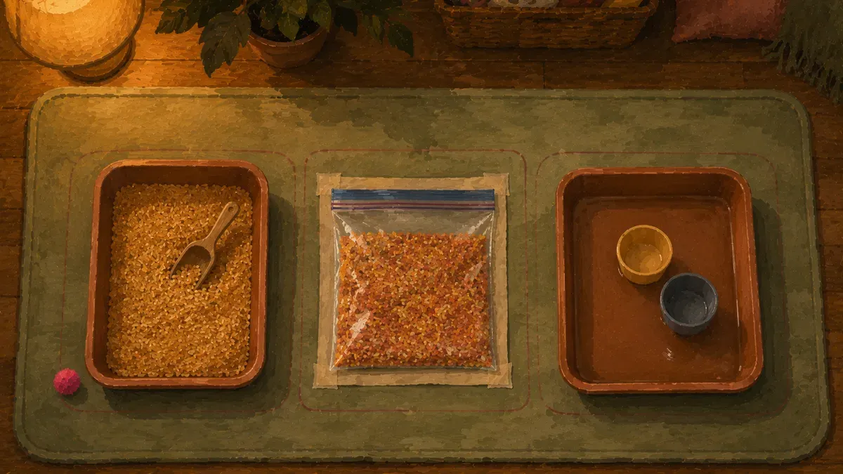 Grid of low-mess sensory bin setups using rice, pasta, and pompoms on mats