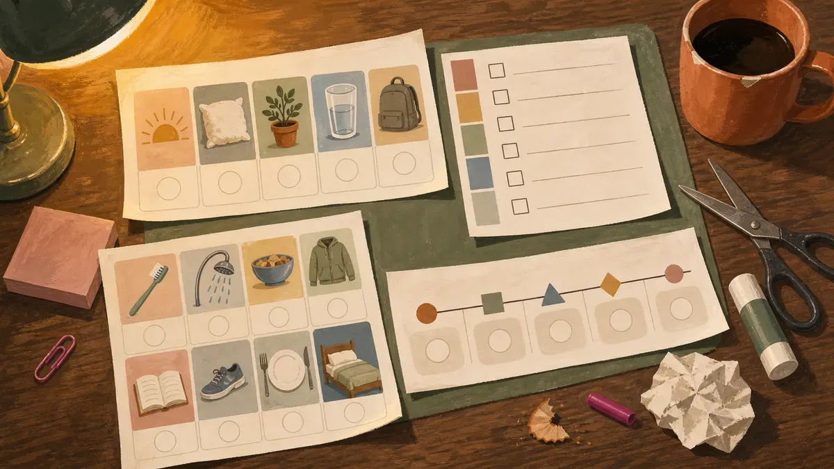 Grid of several free printable daily routine chart designs on a desk