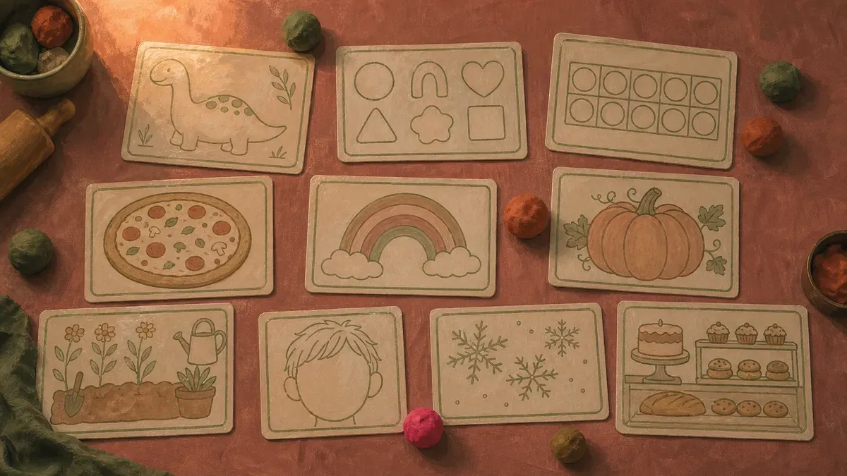 Grid of ten themed play dough mats including dinosaurs, letters, numbers and food