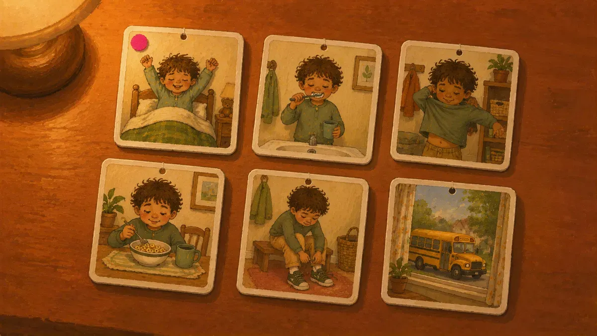 Grid preview of six printable picture cards: wake up, brush teeth, get dressed, eat breakfast, put on shoes, school bus