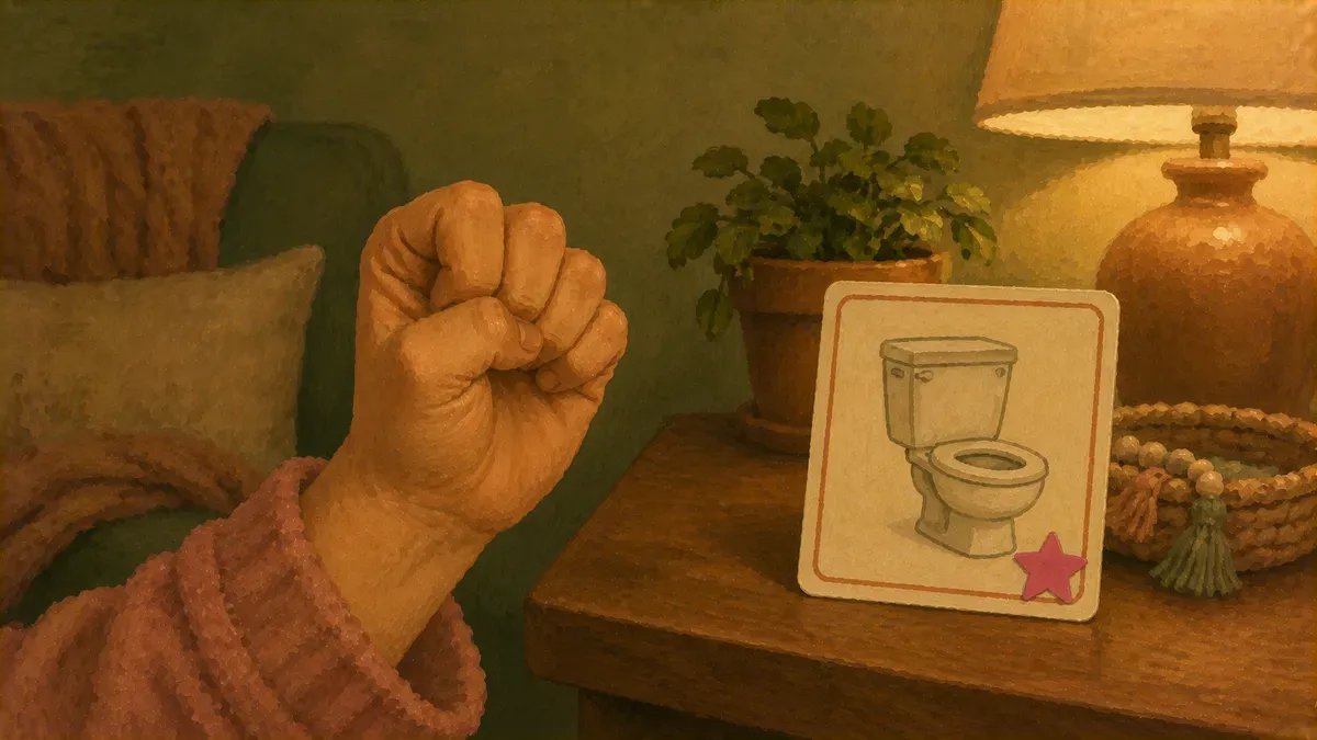 Hand demonstrating the ASL sign for toilet next to a PECS potty exchange card