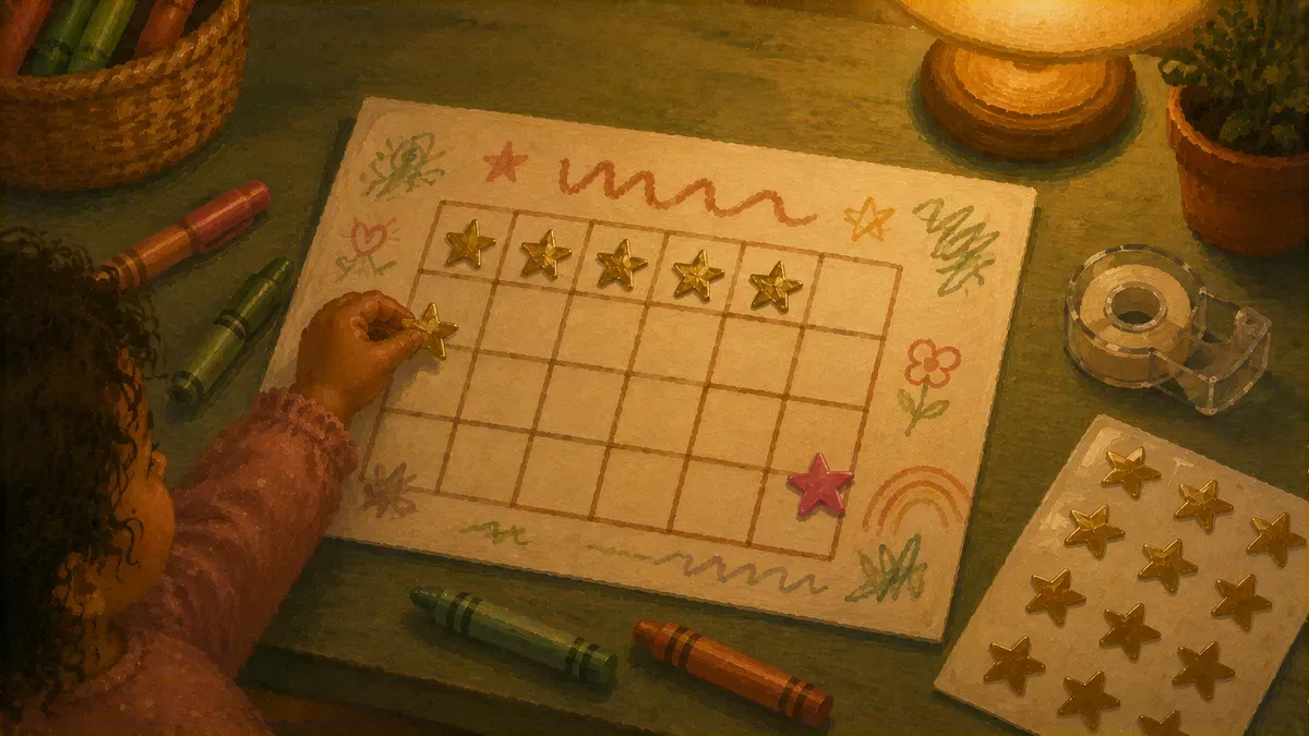 Hand-drawn DIY potty training chart on cardstock with marker grid and star stickers
