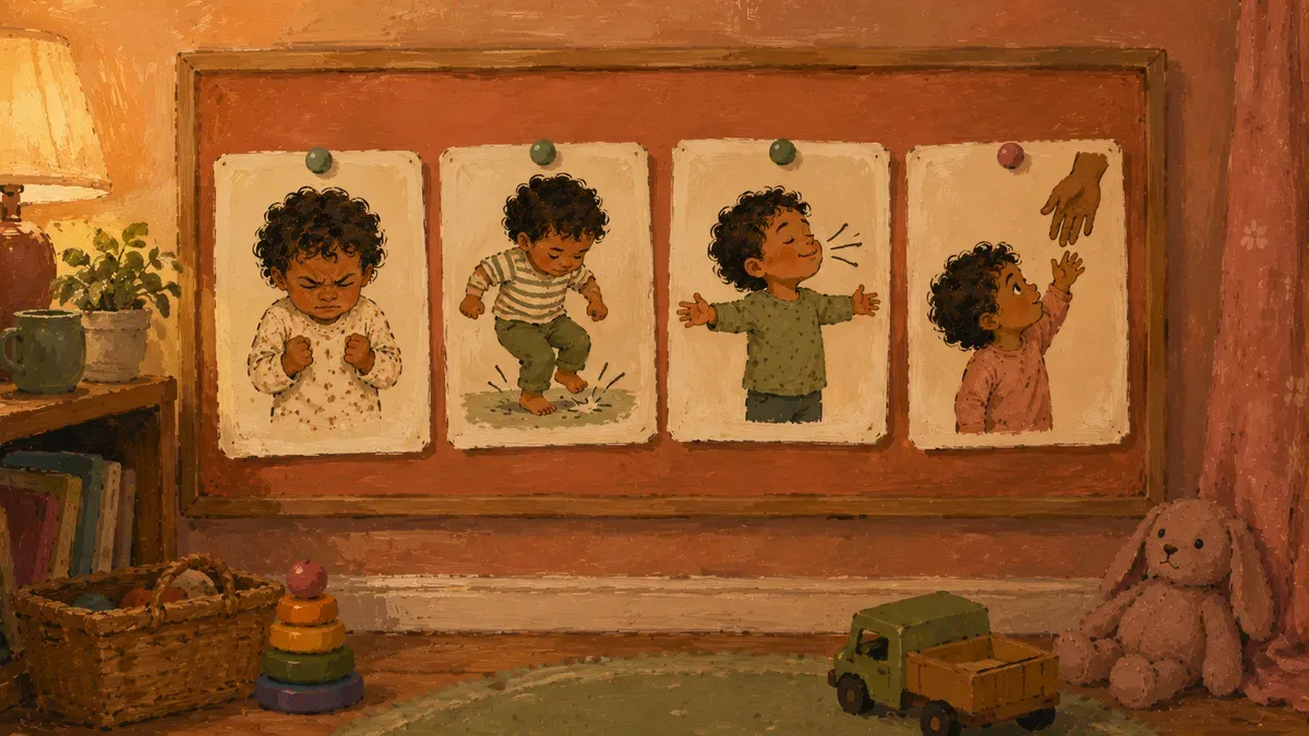 Illustrated set of calm-down choices: deep breathing, squeezing hands, stomping, asking for help