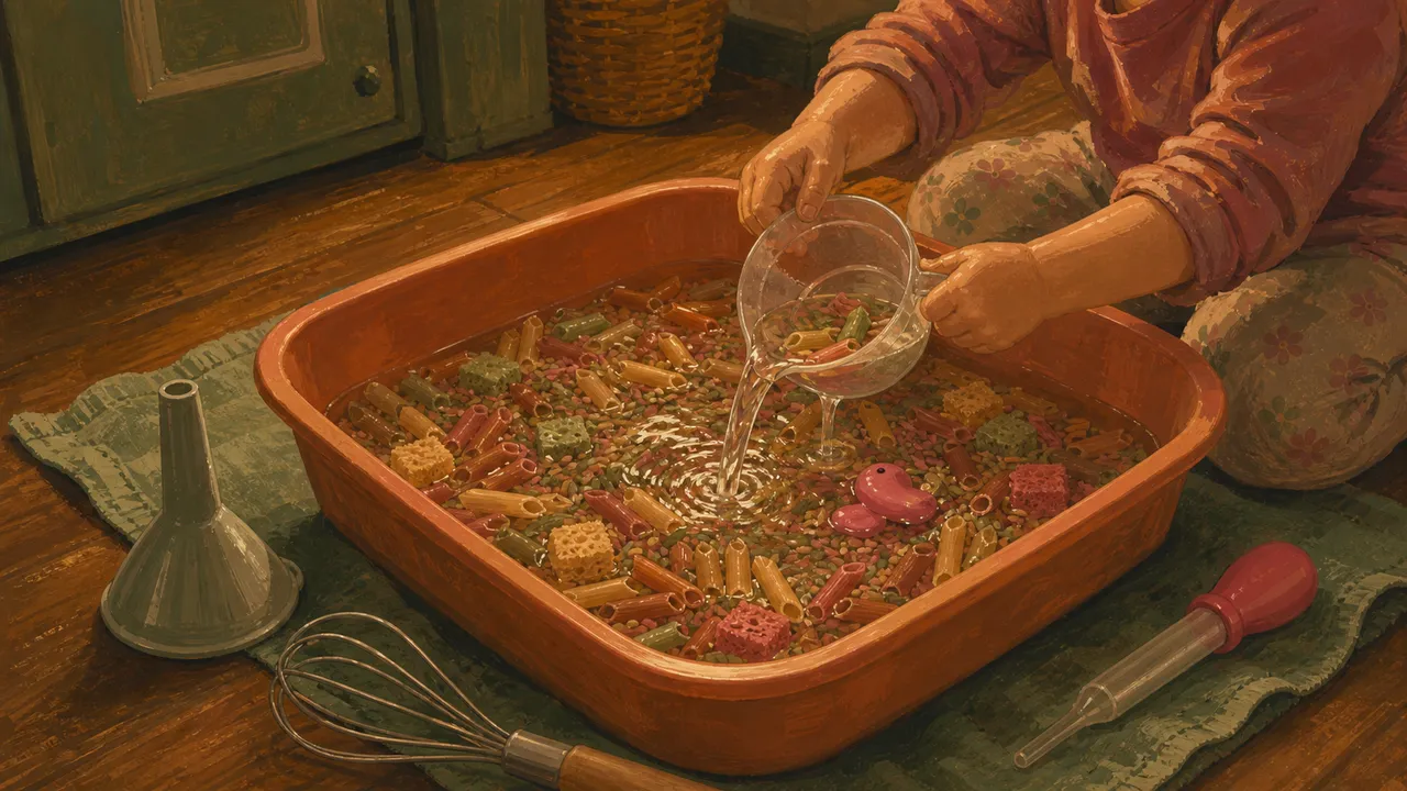 Toddler scooping water with a plastic cup in a shallow sensory bin on the floor