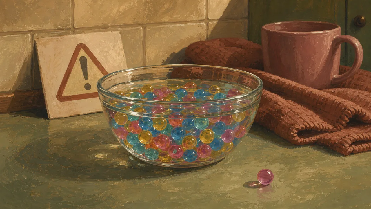 Colorful water beads in a glass bowl with a visible warning label in the background