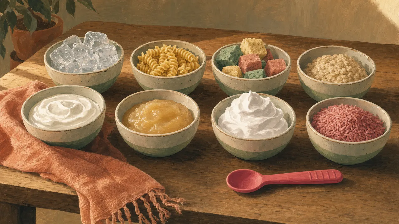 Eight small bowls of safe sensory fillers like ice, pasta, sponges, and foam