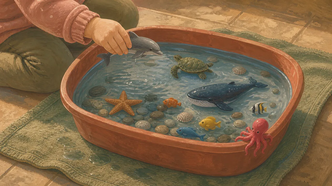 Ocean-themed water sensory bin with toy sea animals and blue water