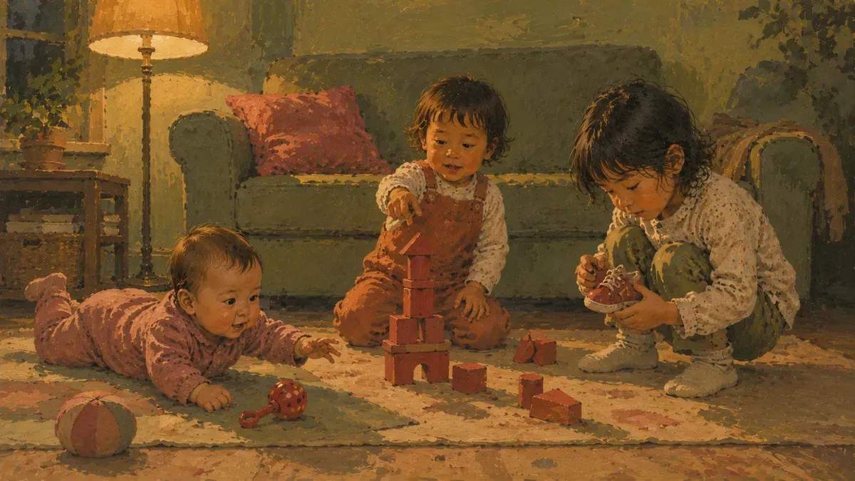 Infant, toddler, and preschooler each engaging with red objects at their level