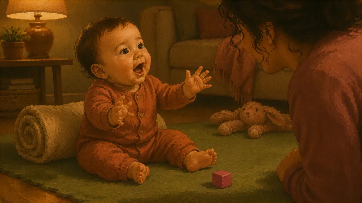 Infographic showing the typical age range babies say their first word, from 9 to 14 months