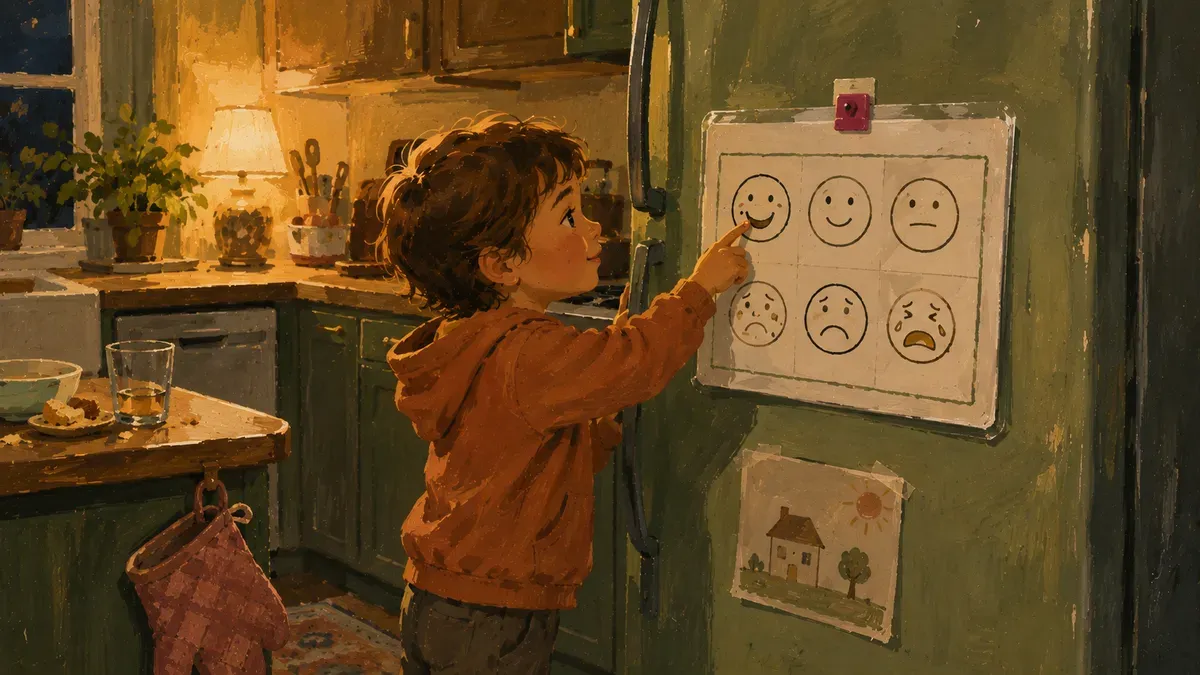 Kindergartner pointing to a colorful feelings behavior chart on the fridge