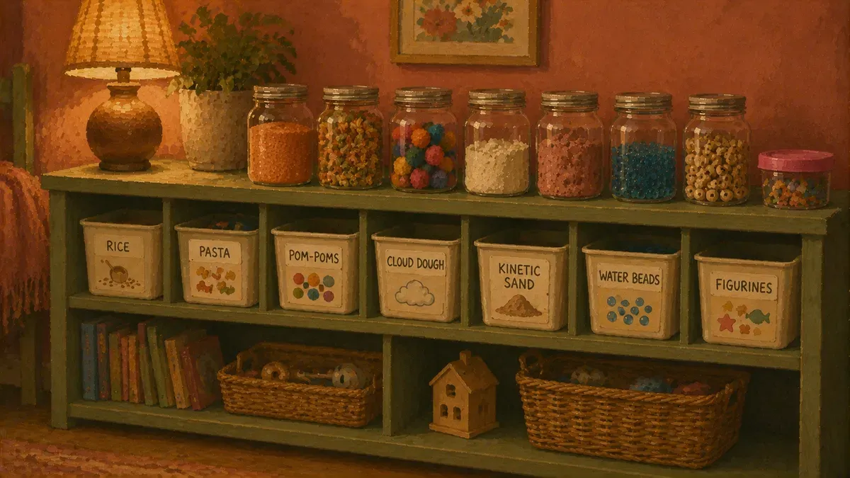 Labeled storage bins holding rotated sensory materials on a shelf