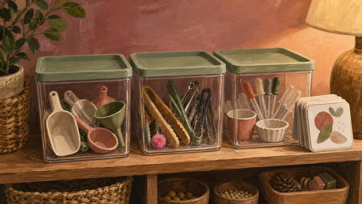 Labeled storage bins holding sorted sensory tools and task cards on a shelf
