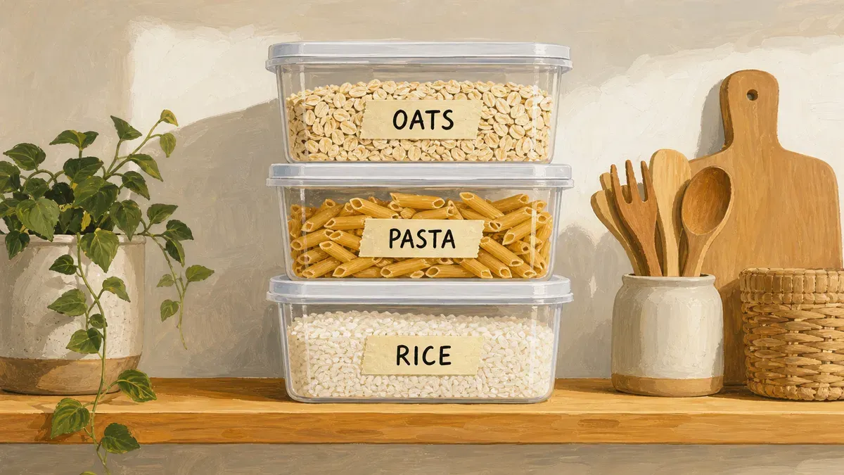 Labeled storage containers of dry rice and pasta stacked on a shelf