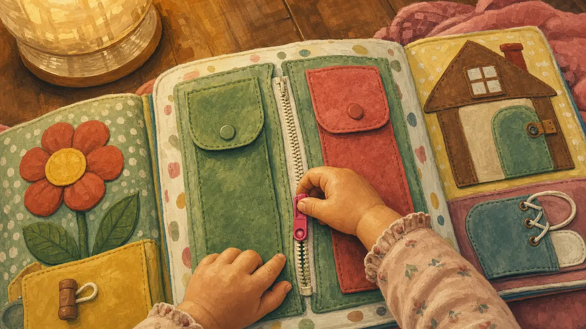 Laminated busy book pages laid open on a wood floor, showing a toddler's hands working a large zipper tab and fabric color-matching flap.