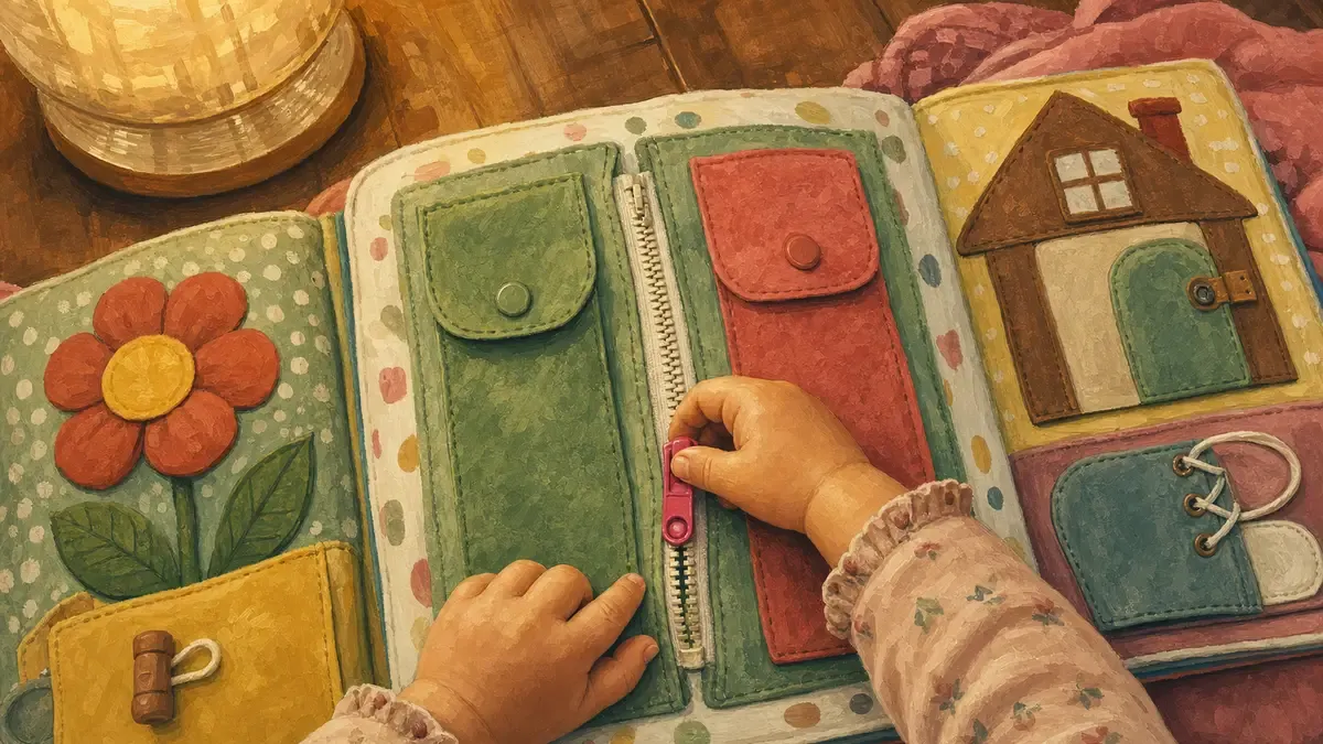 Laminated busy book pages laid open on a wood floor, showing a toddler's hands working a large zipper tab and fabric color-matching flap.