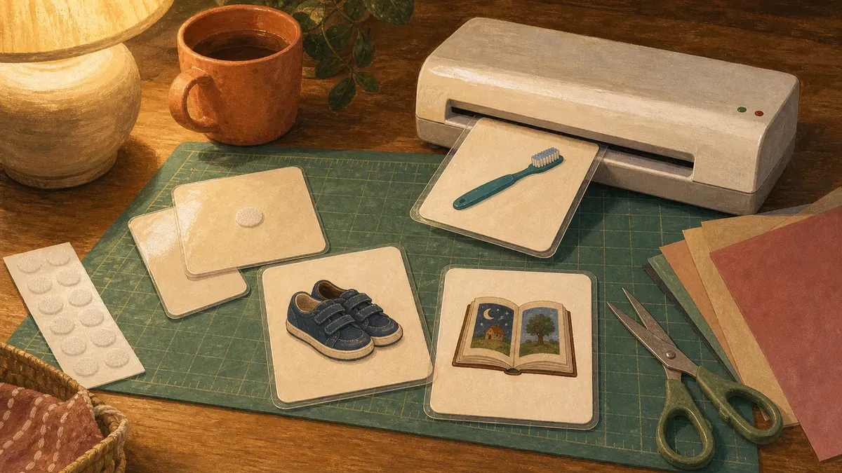 Laminated first then board cards with velcro backing laid out on a table