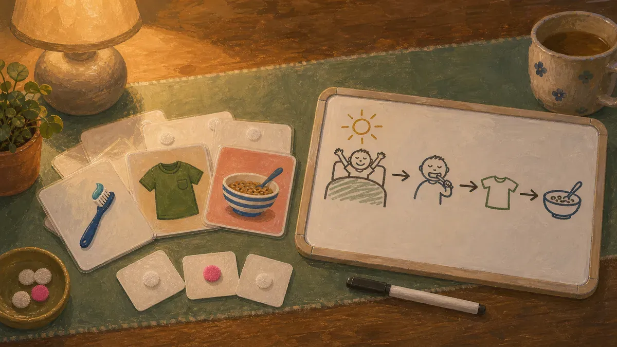 Laminated picture cards with Velcro backing laid next to a dry-erase visual schedule board showing a morning routine