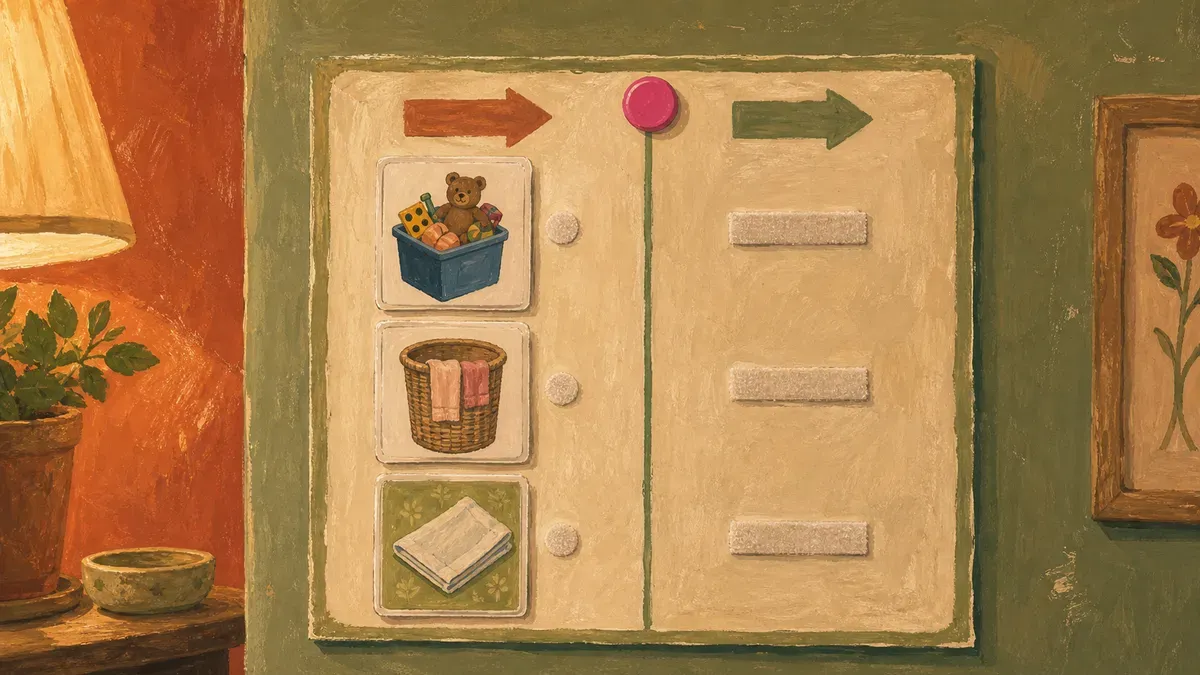 Laminated picture chore chart for preschoolers with velcro task cards in a to-do and done column