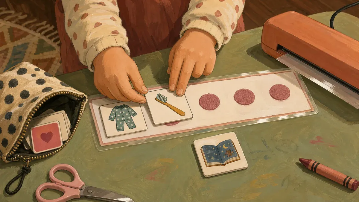 Laminated routine chart with velcro-backed picture cards being arranged by a child