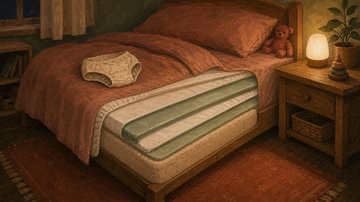 Layered bed setup showing a waterproof mattress pad under fitted sheets with absorbent training pants nearby