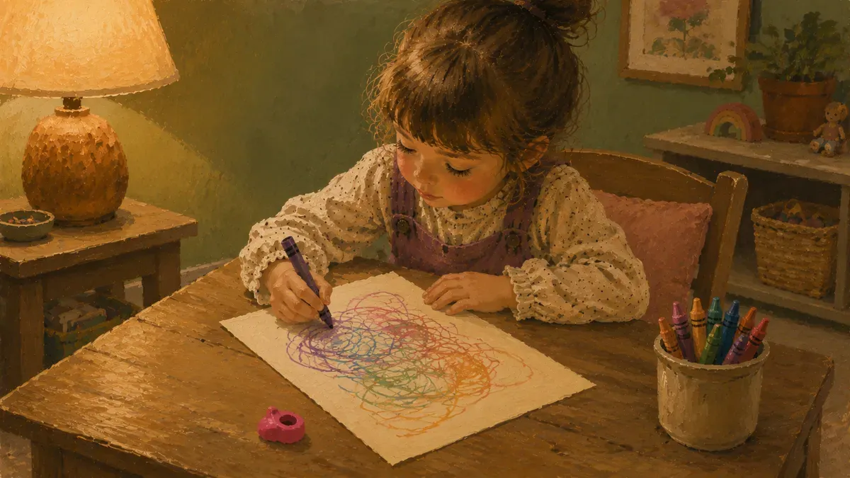 Left-handed preschooler holding a crayon with paper angled to the right
