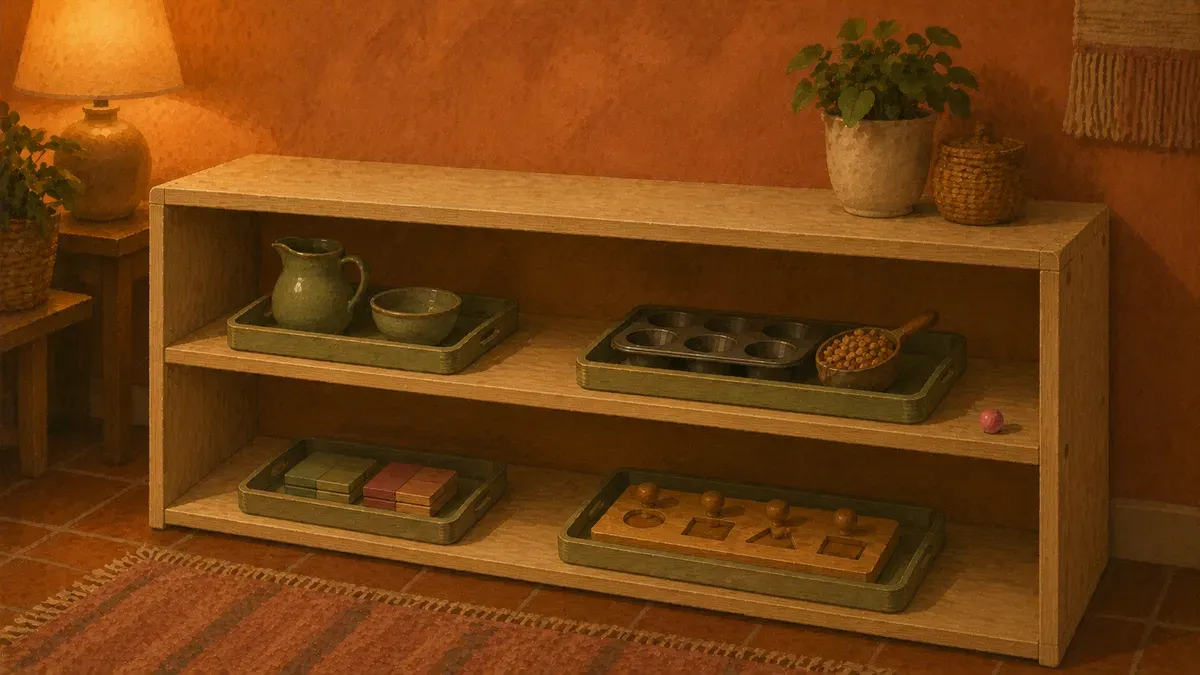 Low open shelf with a few Montessori trays arranged neatly in a home playroom