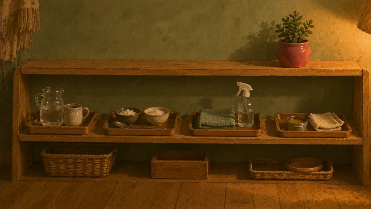 Low open shelf with practical life trays for pouring, spooning, and polishing in a tidy home setup