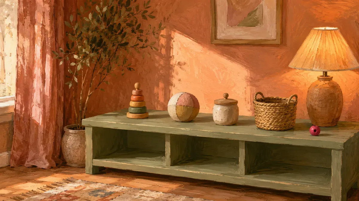 Low wooden shelf in a sunlit living room with a few wooden toys arranged on it