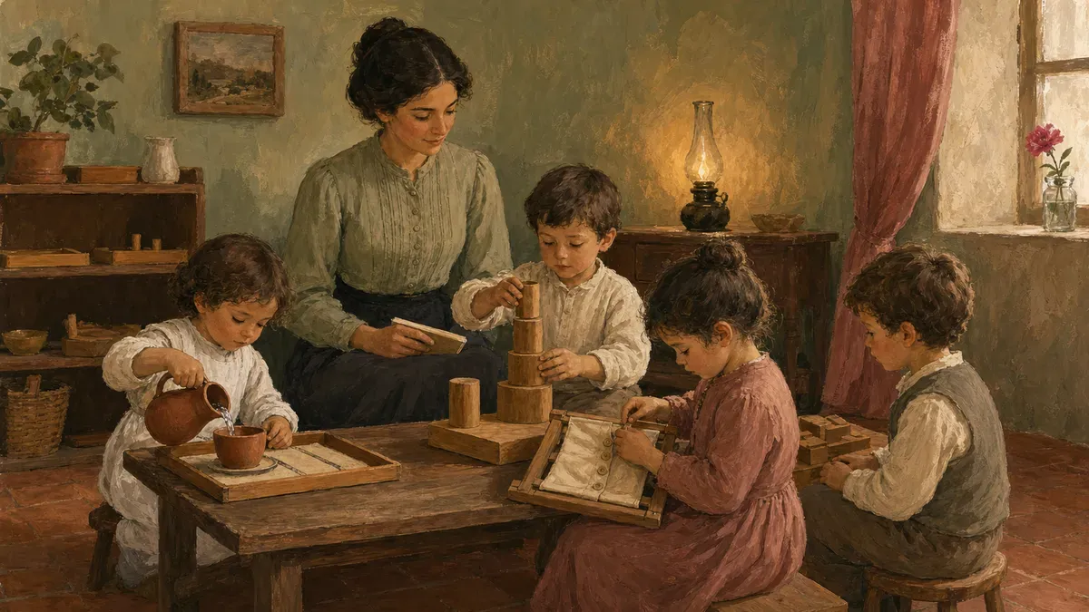Maria Montessori seated with a small group of young children gathered around a low wooden table covered in hands-on learning materials in an early 1900s Casa dei Bambini classroom.