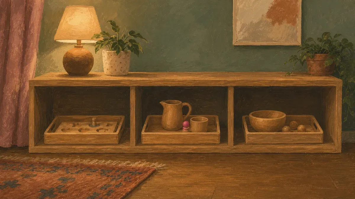 Minimal Montessori shelf with three activity trays arranged at a toddler's height