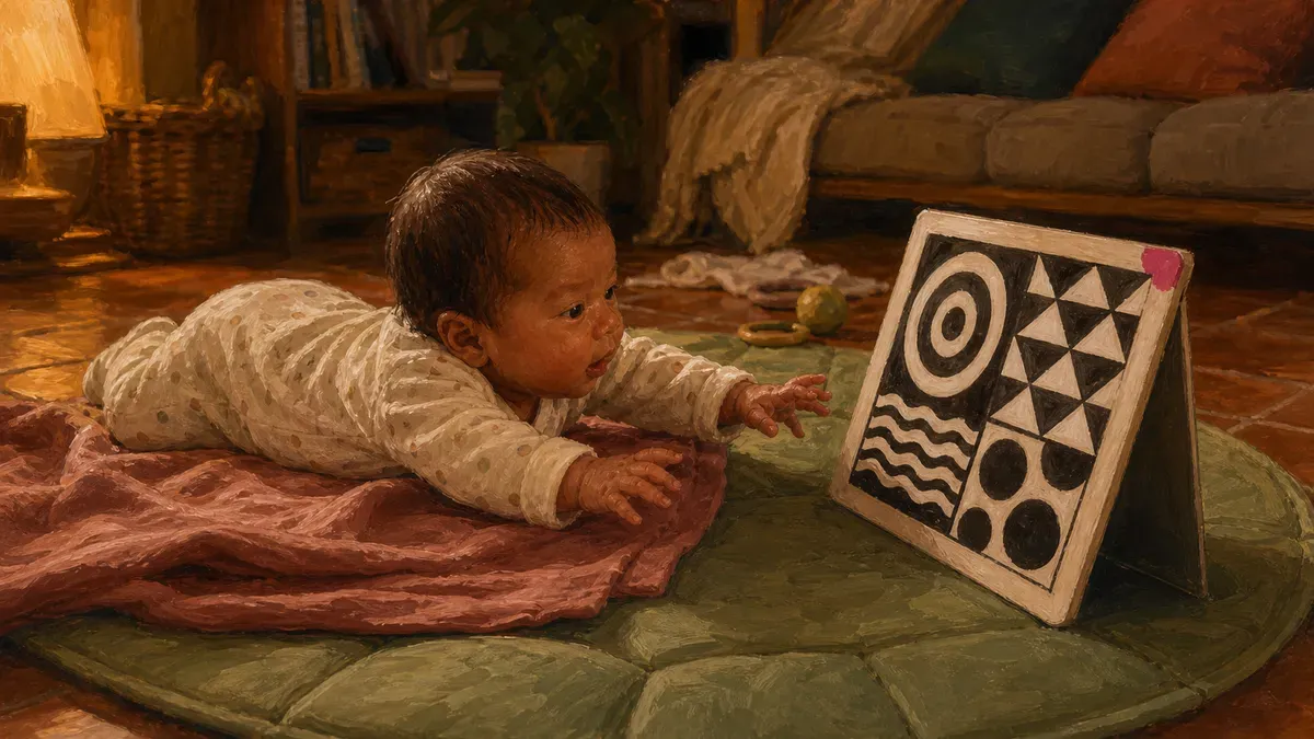 Newborn lying on a play mat reaching toward a high-contrast black-and-white card