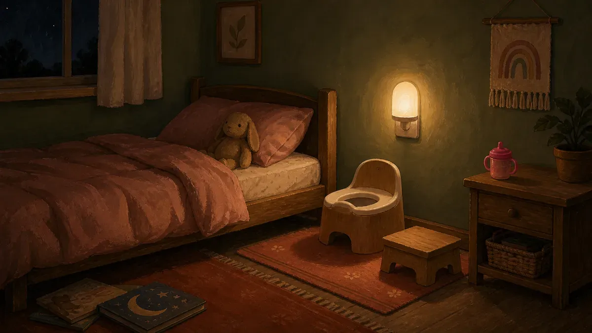 Nighttime potty station set up beside a child's bed with a nightlight and step stool