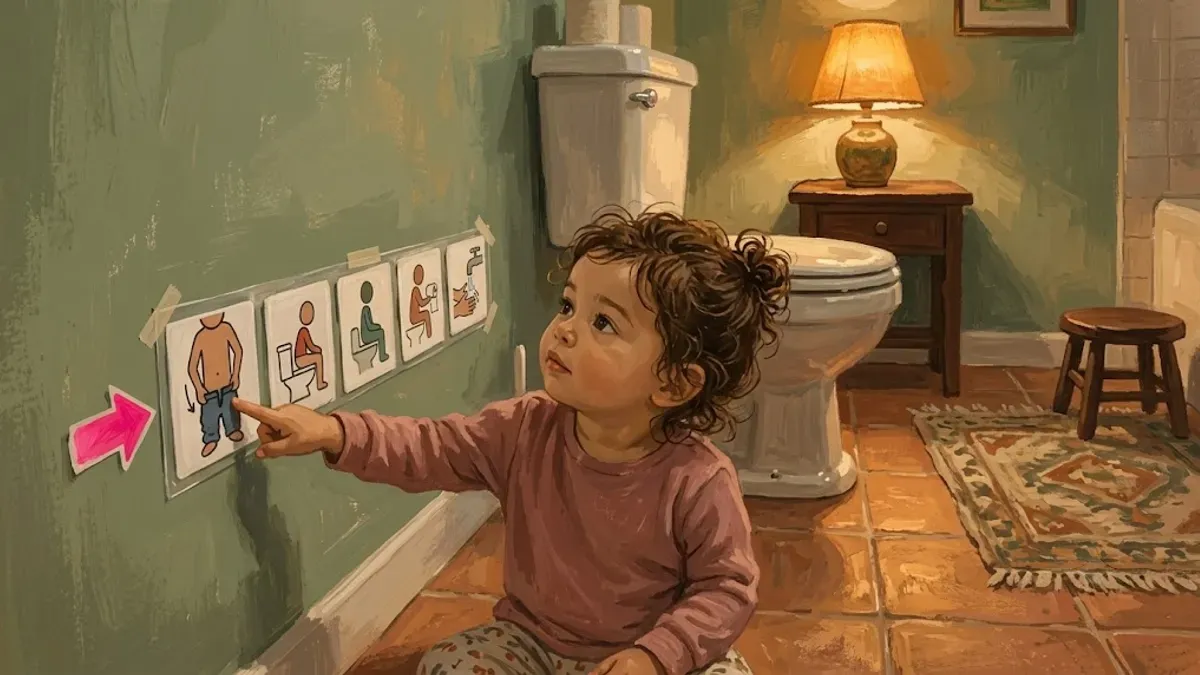 Nonverbal toddler pointing at a laminated potty picture card sequence taped beside the toilet