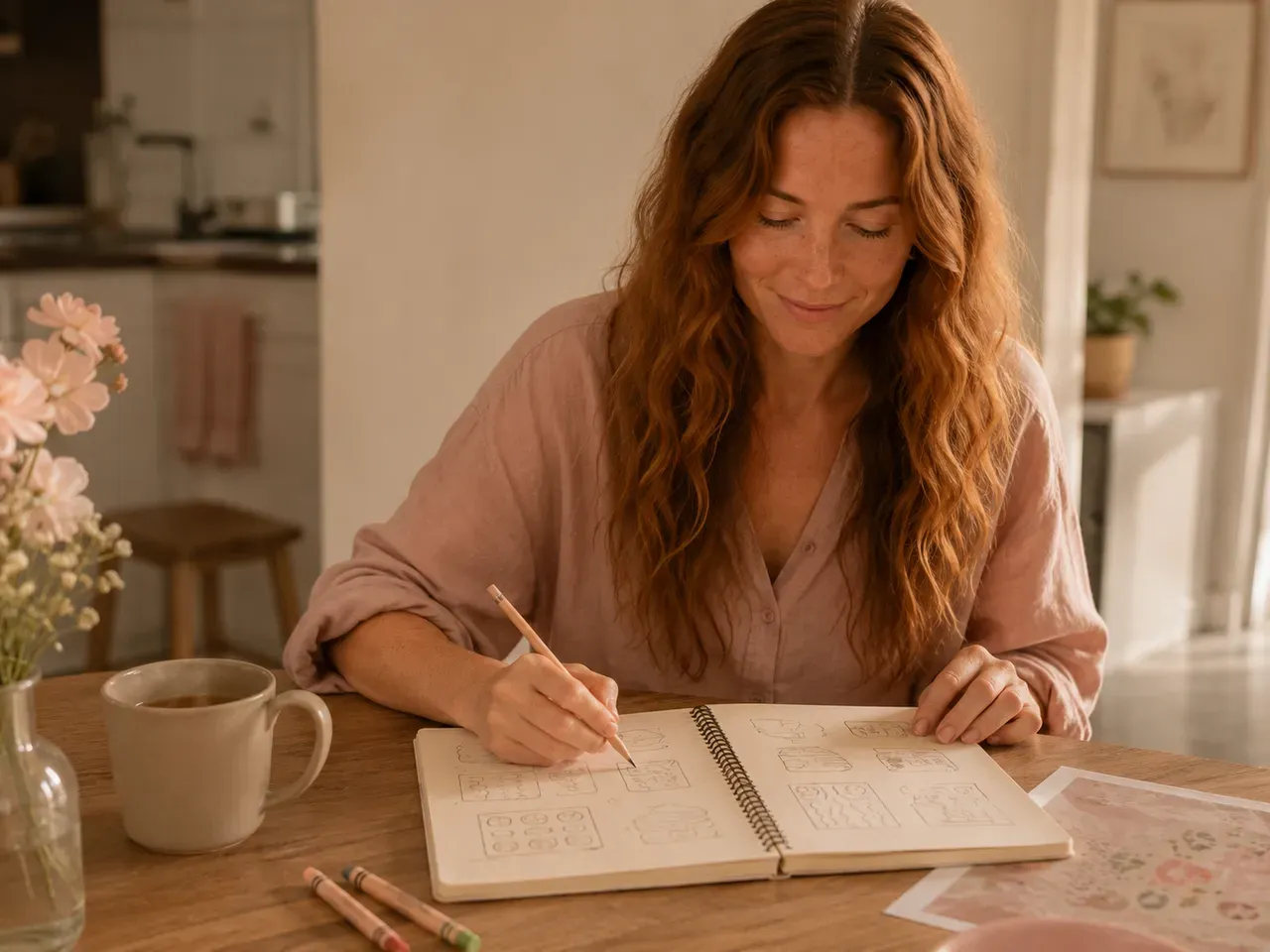 Nora at her kitchen table sketching out printable play ideas