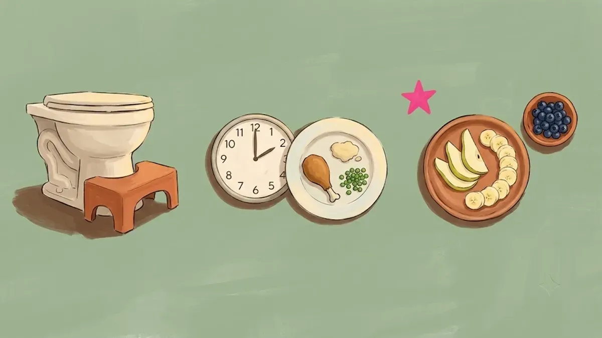 Numbered checklist graphic showing potty time after meals, footstool, and a high-fiber plate