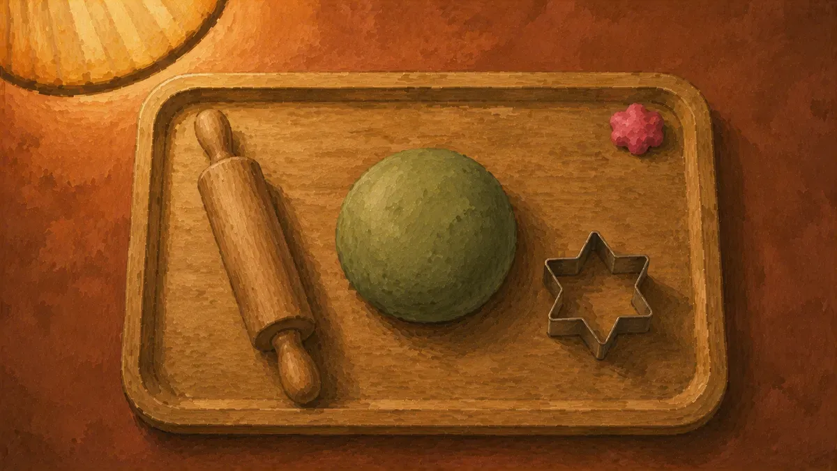 Numbered flat-lay of a first playdough setup: one dough ball, a roller, and a cookie cutter on a tray