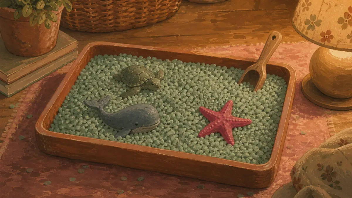 Ocean-themed sensory bin with blue water beads, sea animals and scoops on a play tray