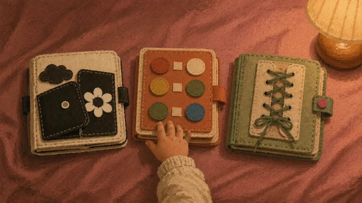 One busy book page arranged by difficulty for one-year-old, two-year-old, and preschooler