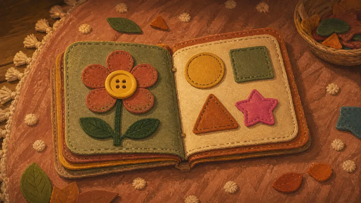 Open felt quiet book showing a button-flower page and a shape-matching page side by side