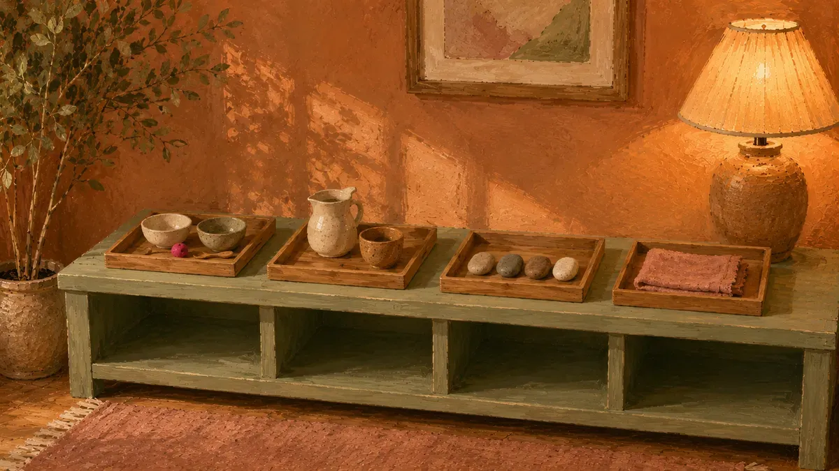 Organized low Montessori shelf with three or four trays, each holding a single activity, in left-to-right order