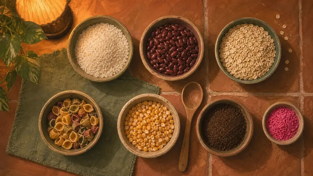 Overhead grid of pantry sensory bin fillers like rice, pasta, beans, and oats