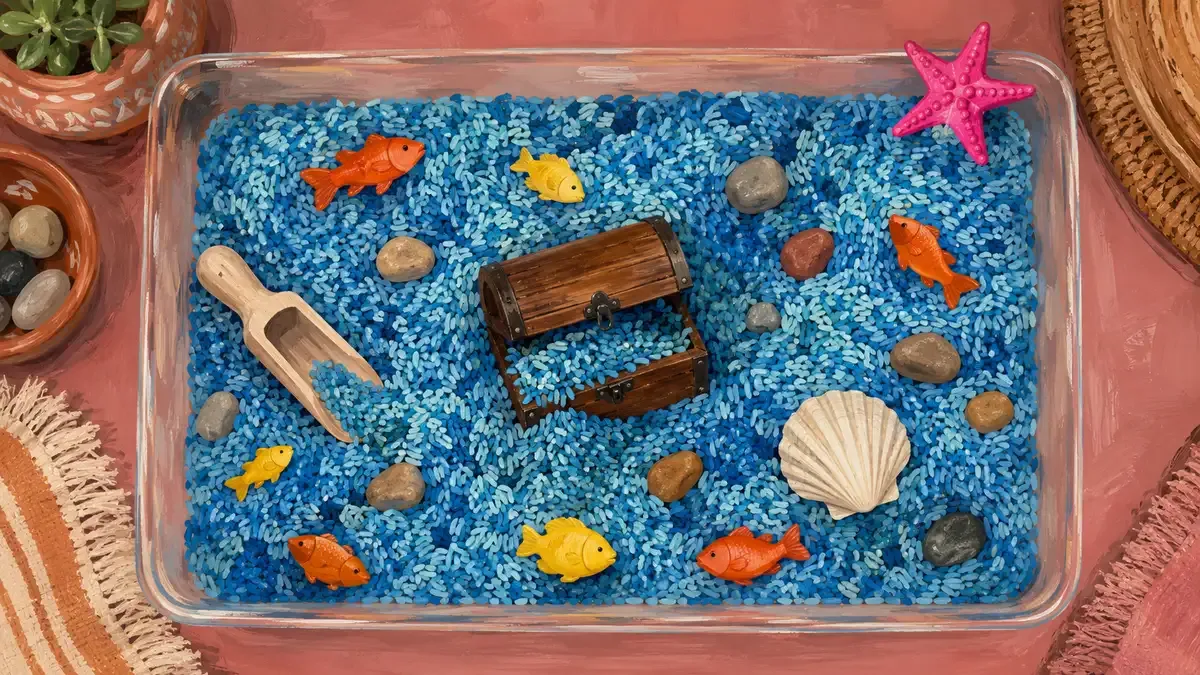 Overhead view of an ocean sensory bin with shells, toy fish, scoops, and a treasure chest hidden in blue rice