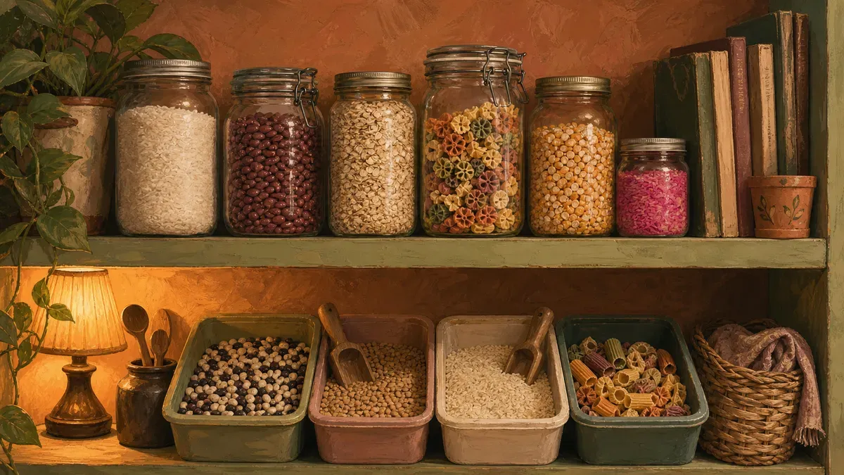 Pantry shelf of dry sensory play materials in clear bins
