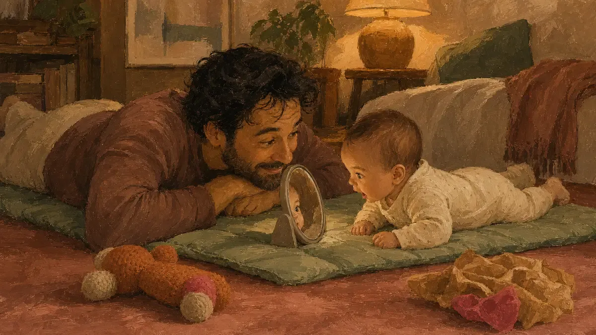 Parent and baby doing tummy time together with a small mirror and soft toys