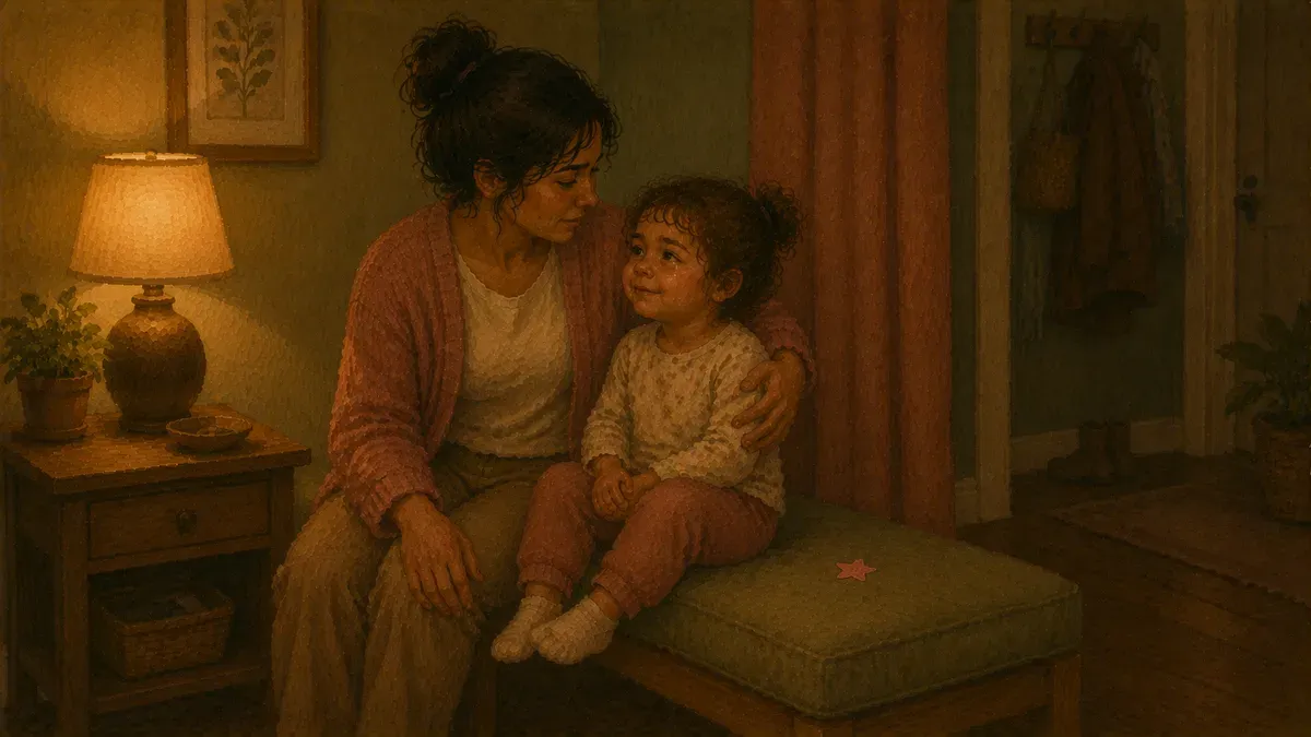 Parent and calm child talking quietly after a meltdown has ended