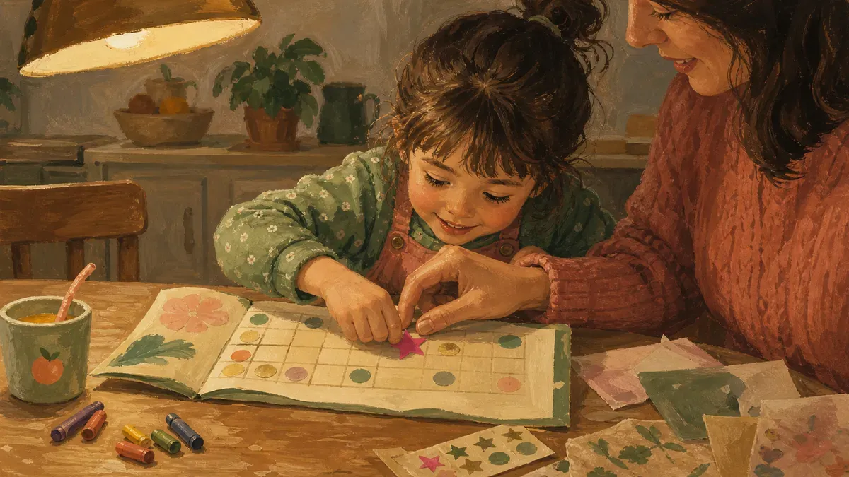 Parent and child adding a sticker to a reward chart together at the kitchen table