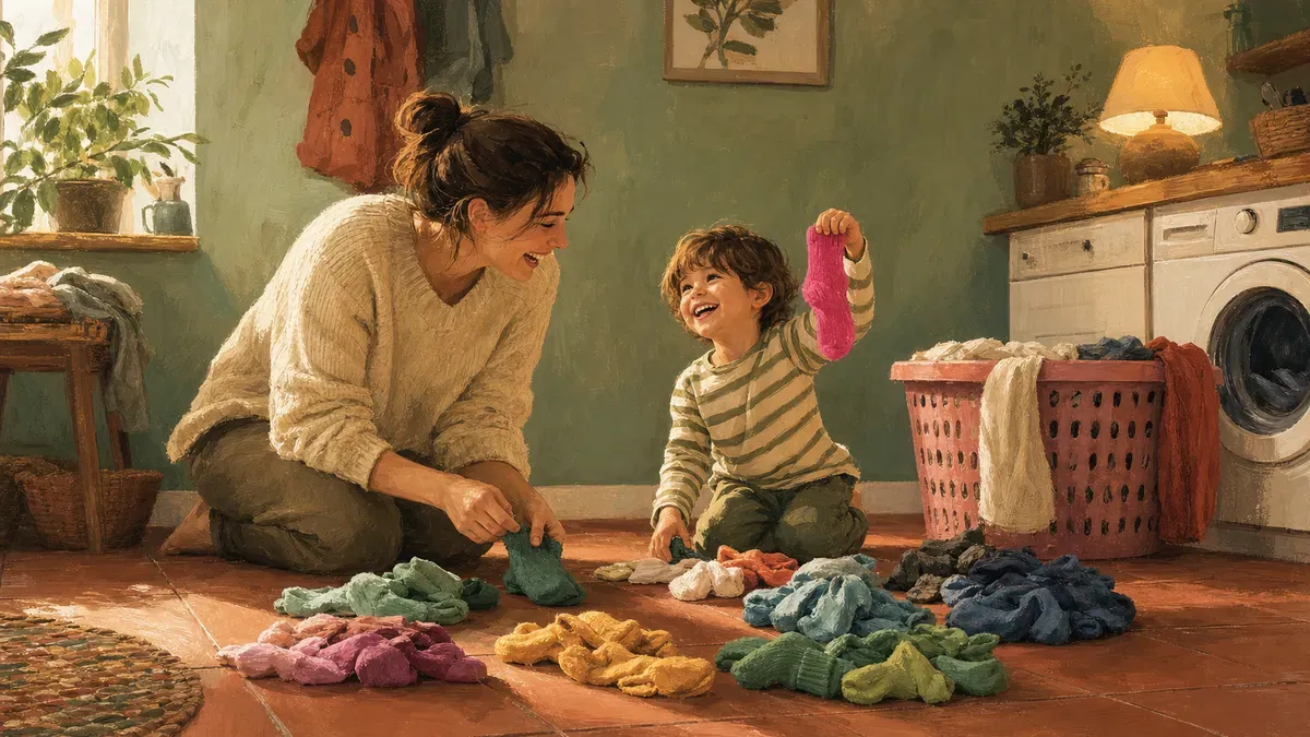 Parent and child laughing while sorting laundry by color
