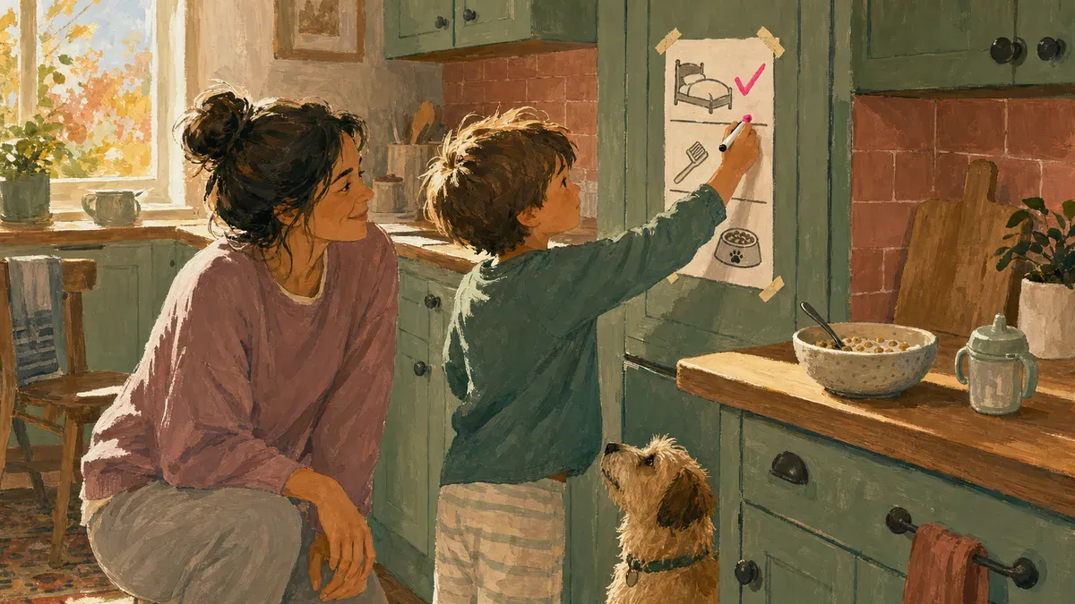 Parent and child marking off a completed chore on a morning routine chart